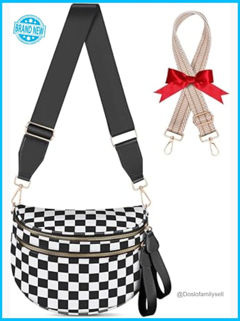 Checkered Crossbody Bag Large Nylon Fanny Pack Expandable Bonus Strap Y2K